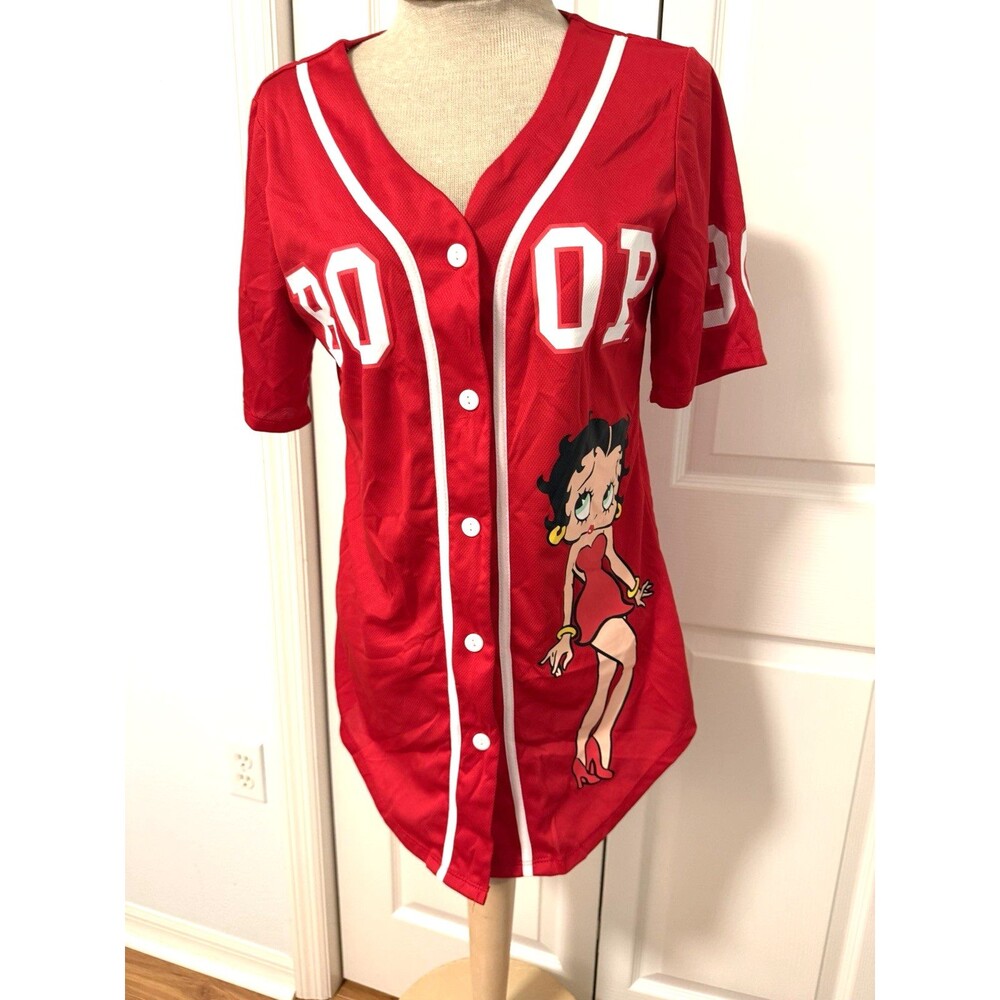 Betty Boop 1930 Red Baseball Jersey Sz L Large Button Front Shirt Women's Top